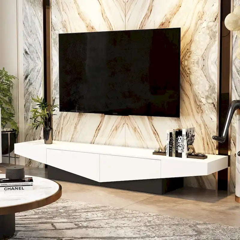 78.7" Black & White Geometric TV Cabinet Entertainment Center with 2 Drawers