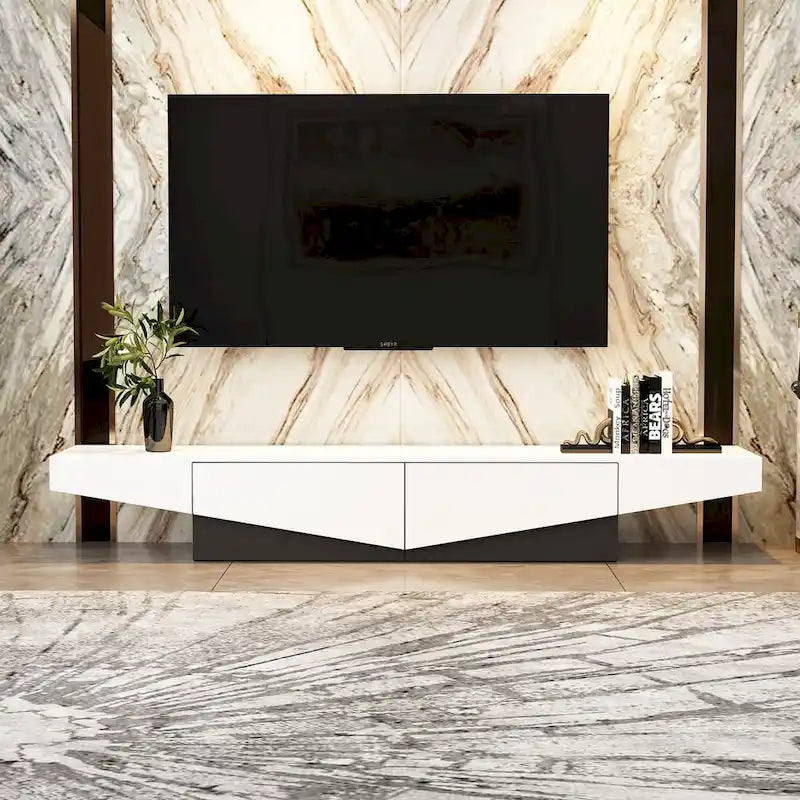 78.7" Black & White Geometric TV Cabinet Entertainment Center with 2 Drawers