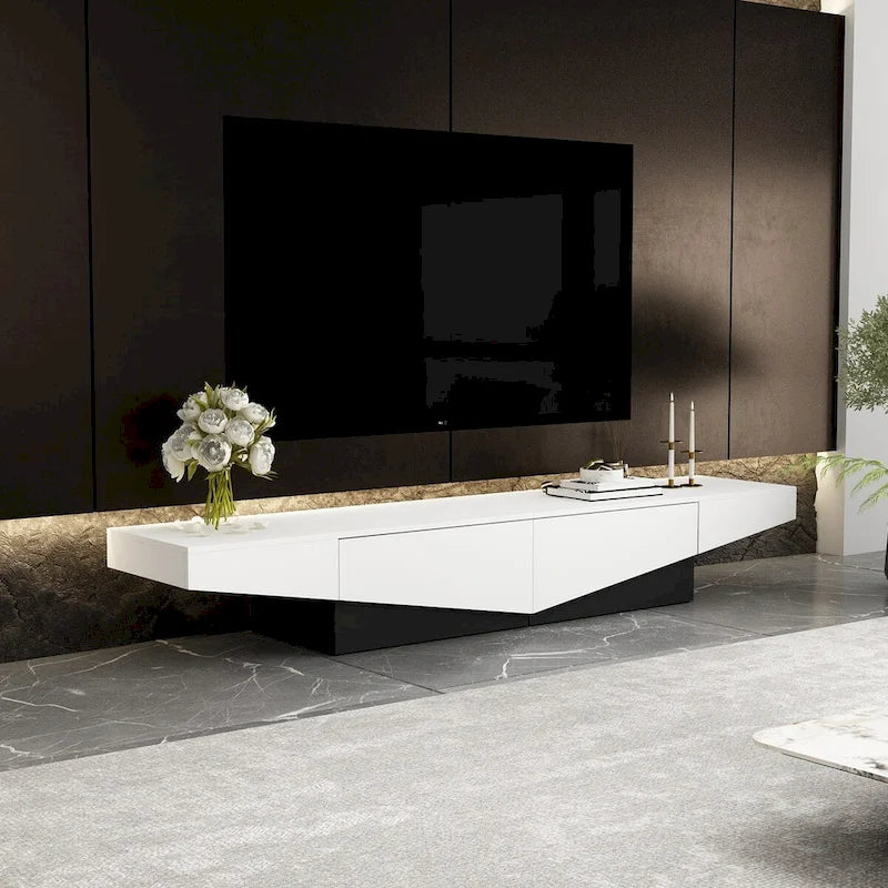 78.7" Black & White Geometric TV Cabinet Entertainment Center with 2 Drawers