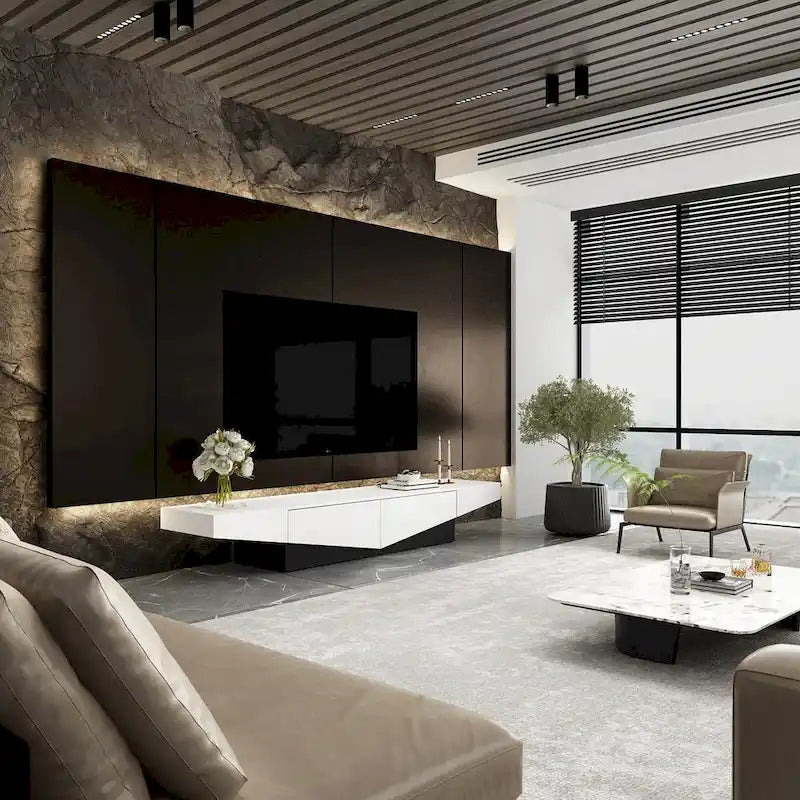 78.7" Black & White Geometric TV Cabinet Entertainment Center with 2 Drawers