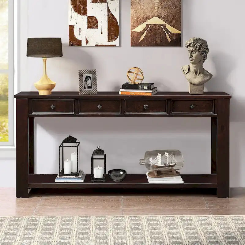 63 Inch Rustic Solid Wood Console Table with 4 Drawers & Bottom Shelf