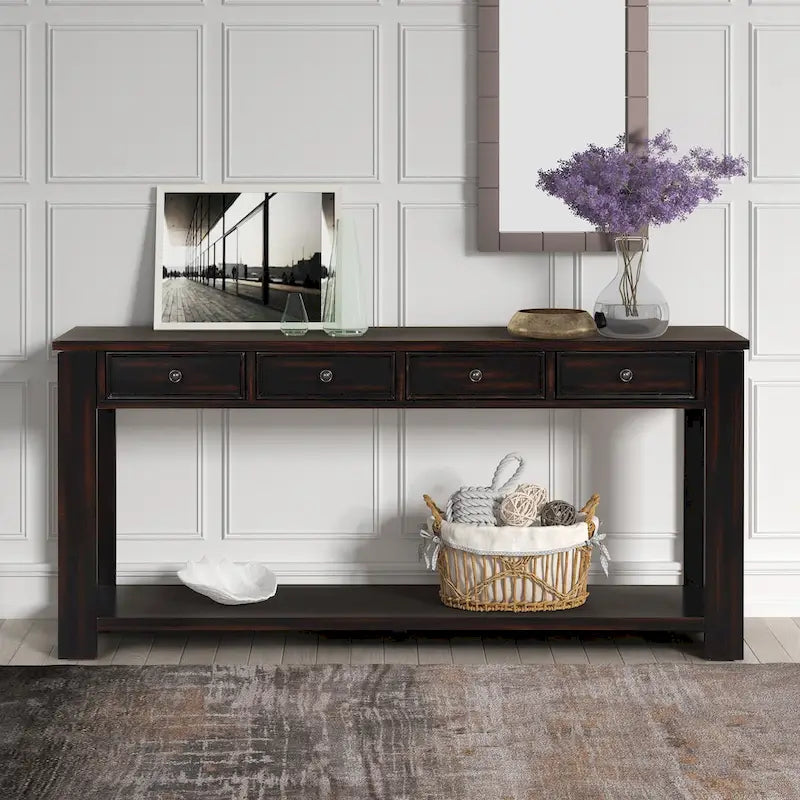 63 Inch Rustic Solid Wood Console Table with 4 Drawers & Bottom Shelf