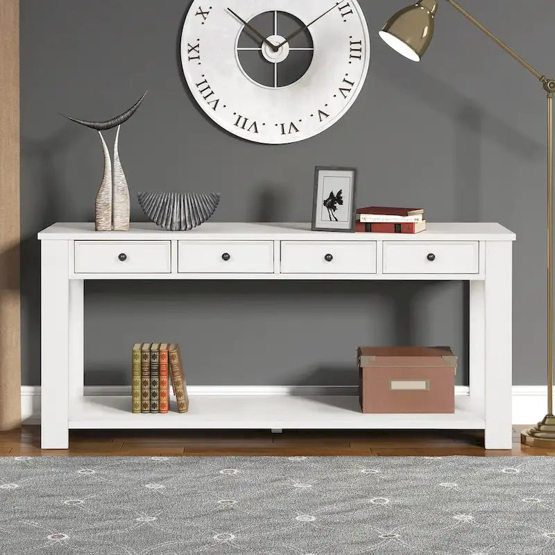 63 Inch Rustic Solid Wood Console Table with 4 Drawers & Bottom Shelf