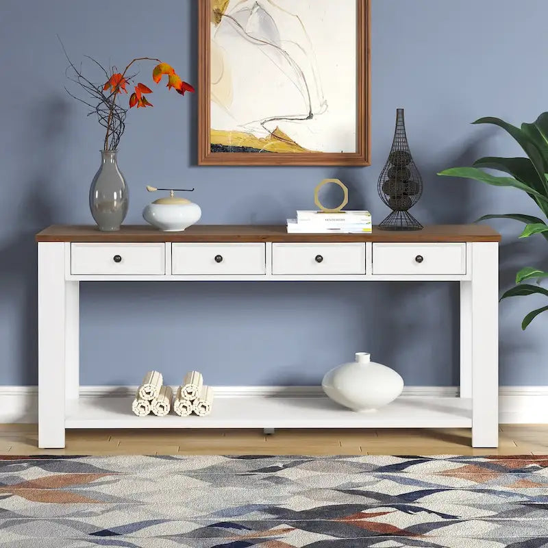 63 Inch Rustic Solid Wood Console Table with 4 Drawers & Bottom Shelf