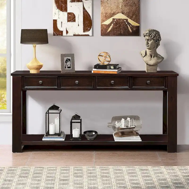 63 Inch Rustic Solid Wood Console Table with 4 Drawers & Bottom Shelf