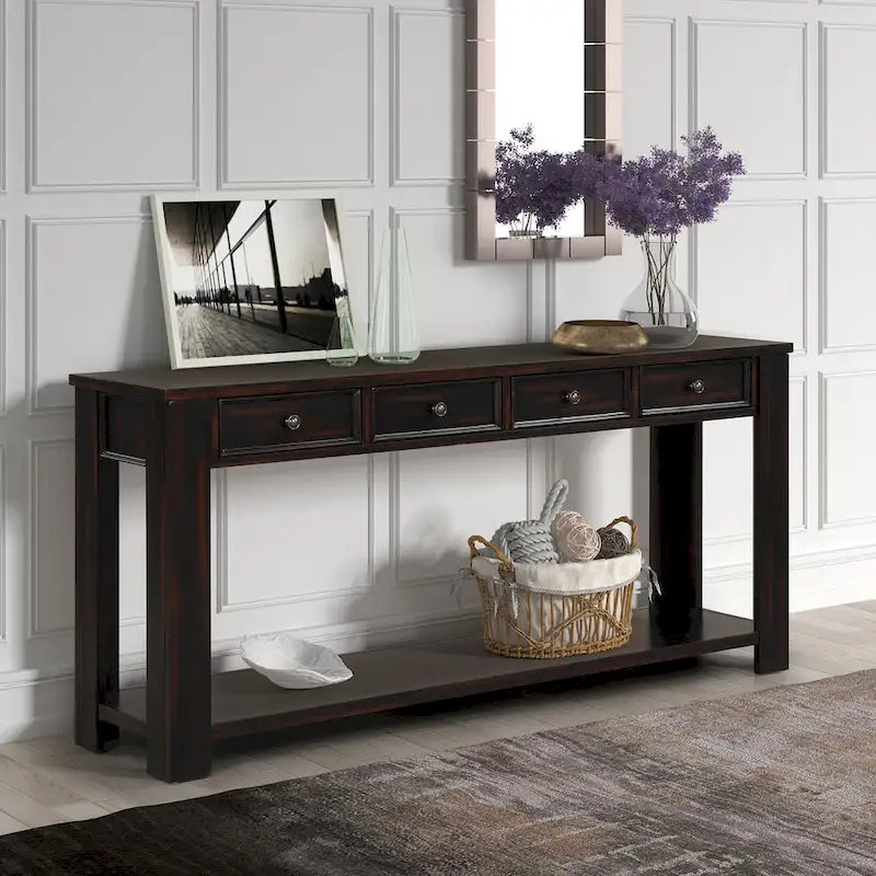 63 Inch Rustic Solid Wood Console Table with 4 Drawers & Bottom Shelf