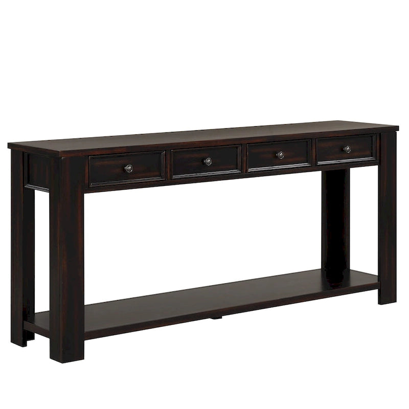 63 Inch Rustic Solid Wood Console Table with 4 Drawers & Bottom Shelf