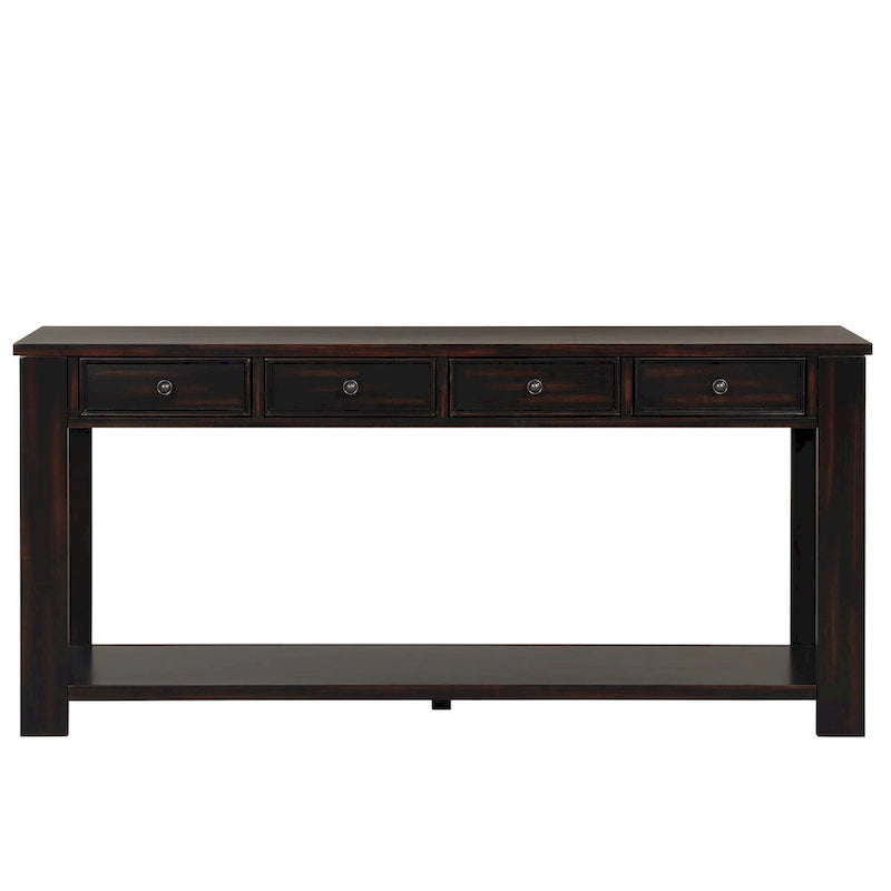 63 Inch Rustic Solid Wood Console Table with 4 Drawers & Bottom Shelf
