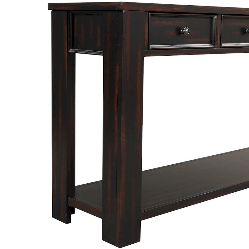 63 Inch Rustic Solid Wood Console Table with 4 Drawers & Bottom Shelf
