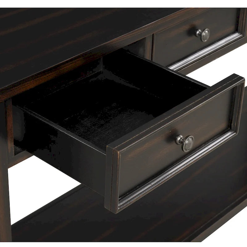 63 Inch Rustic Solid Wood Console Table with 4 Drawers & Bottom Shelf