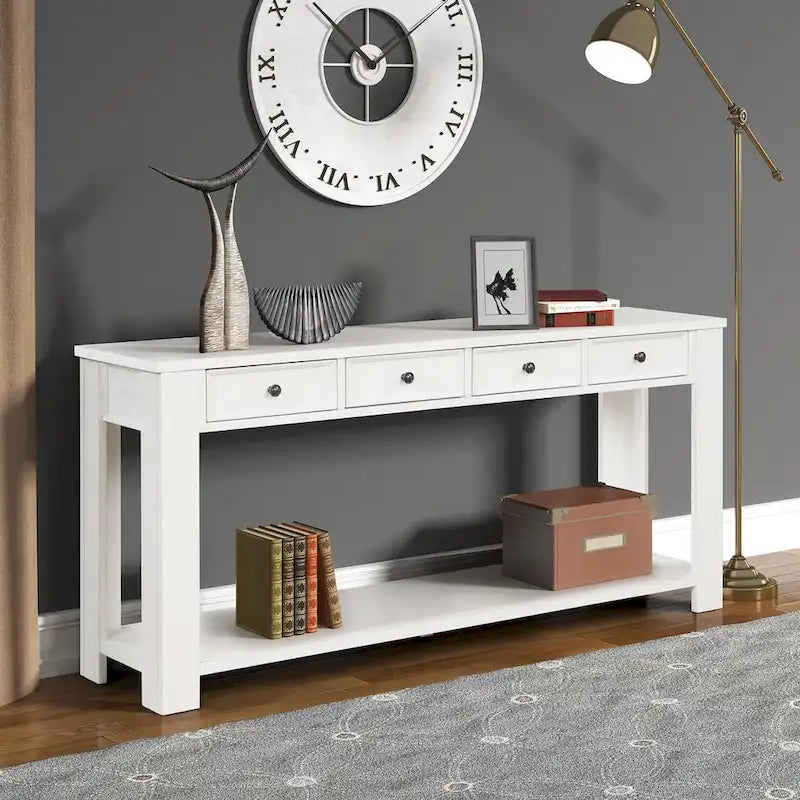 63 Inch Rustic Solid Wood Console Table with 4 Drawers & Bottom Shelf
