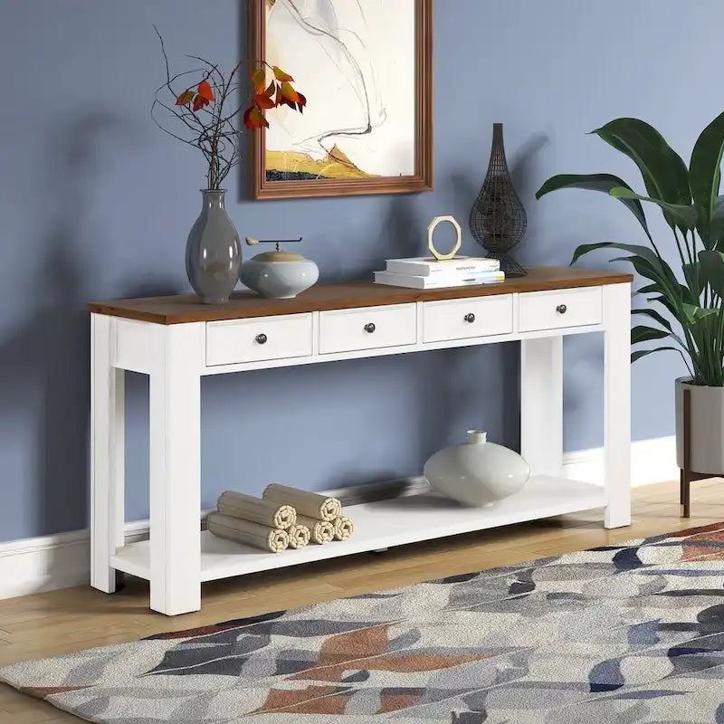 63 Inch Rustic Solid Wood Console Table with 4 Drawers & Bottom Shelf