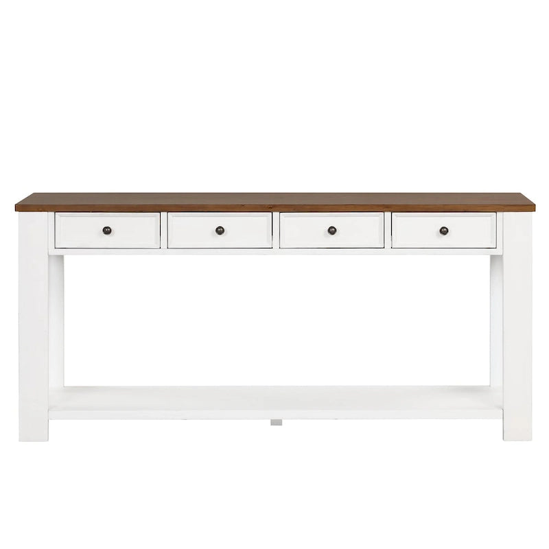 63 Inch Rustic Solid Wood Console Table with 4 Drawers & Bottom Shelf