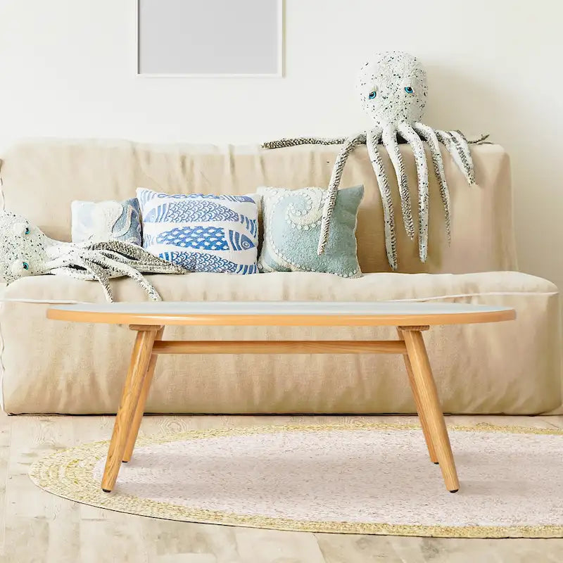 Surfboard-Shaped Striped Oval Coffee Table, Coastal Beach Style