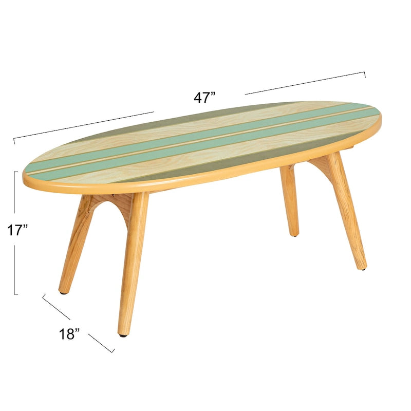 Surfboard-Shaped Striped Oval Coffee Table, Coastal Beach Style