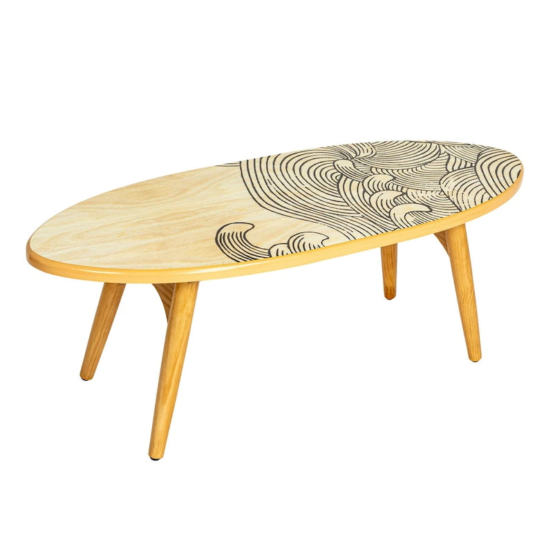 Surfboard-Shaped Striped Oval Coffee Table, Coastal Beach Style