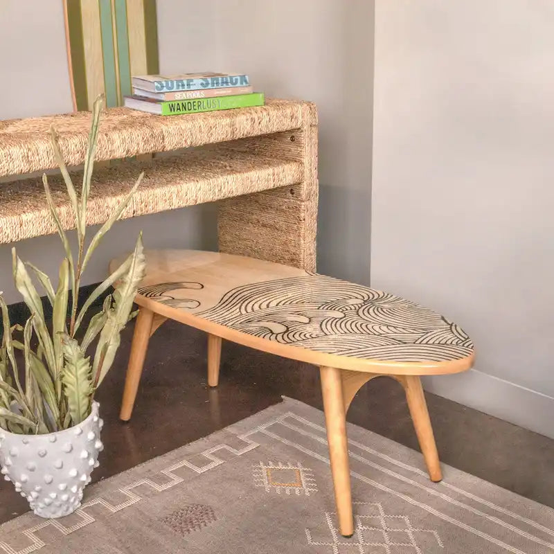 Surfboard-Shaped Striped Oval Coffee Table, Coastal Beach Style
