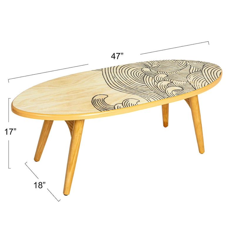Surfboard-Shaped Striped Oval Coffee Table, Coastal Beach Style