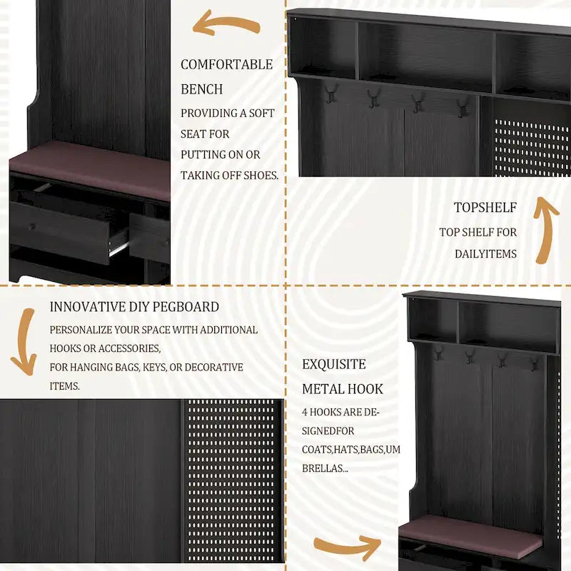 5-in-1 Entryway Hall Tree with Shoe Bench, Coat Rack, Shelves & Pegboard