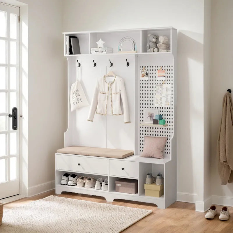 5-in-1 Entryway Hall Tree with Shoe Bench, Coat Rack, Shelves & Pegboard