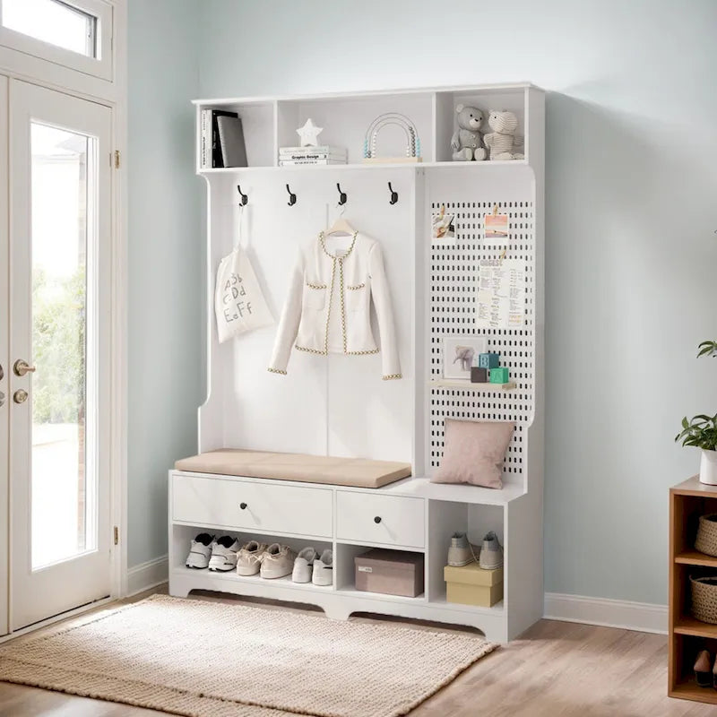 5-in-1 Entryway Hall Tree with Shoe Bench, Coat Rack, Shelves & Pegboard