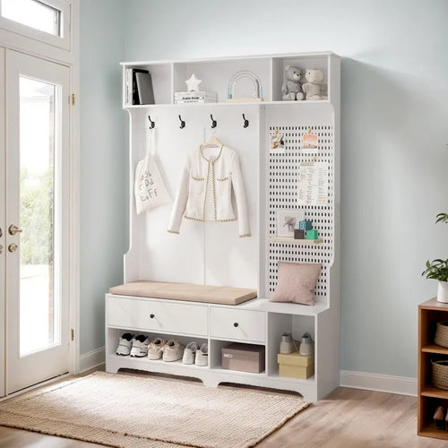 5-in-1 Entryway Hall Tree with Shoe Bench, Coat Rack, Shelves & Pegboard