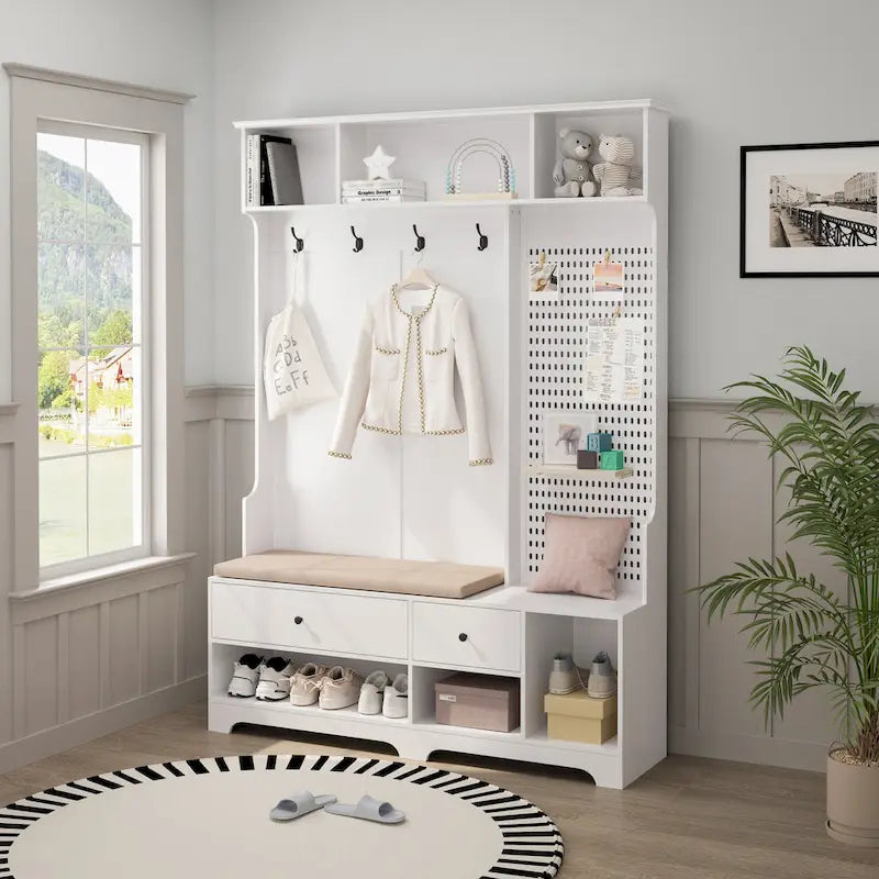 5-in-1 Entryway Hall Tree with Shoe Bench, Coat Rack, Shelves & Pegboard
