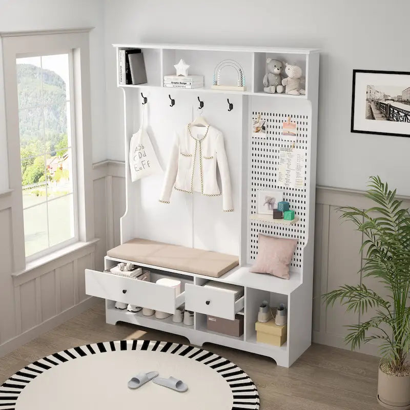 5-in-1 Entryway Hall Tree with Shoe Bench, Coat Rack, Shelves & Pegboard