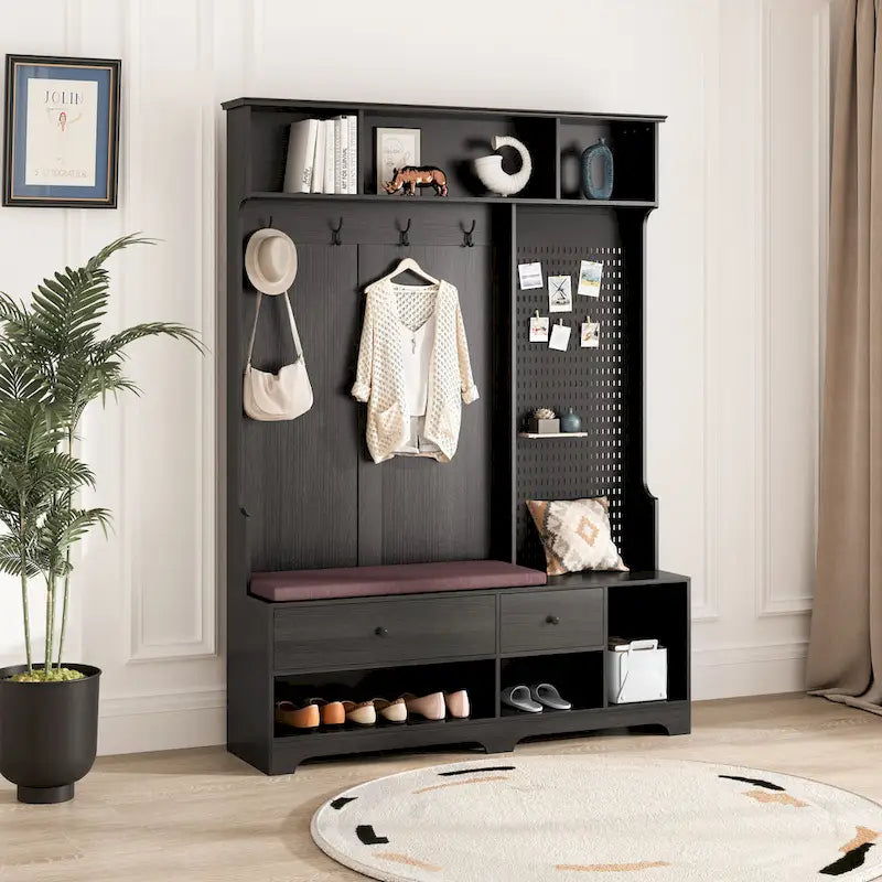 5-in-1 Entryway Hall Tree with Shoe Bench, Coat Rack, Shelves & Pegboard