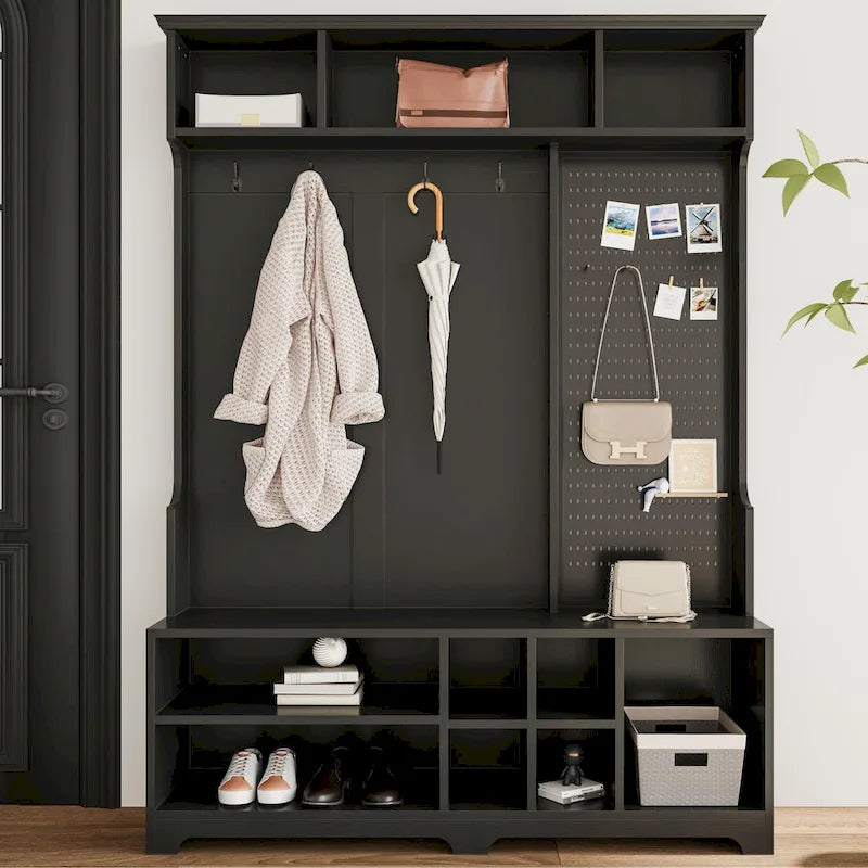 5-in-1 Entryway Hall Tree with Shoe Bench, Coat Rack, Shelves & Pegboard