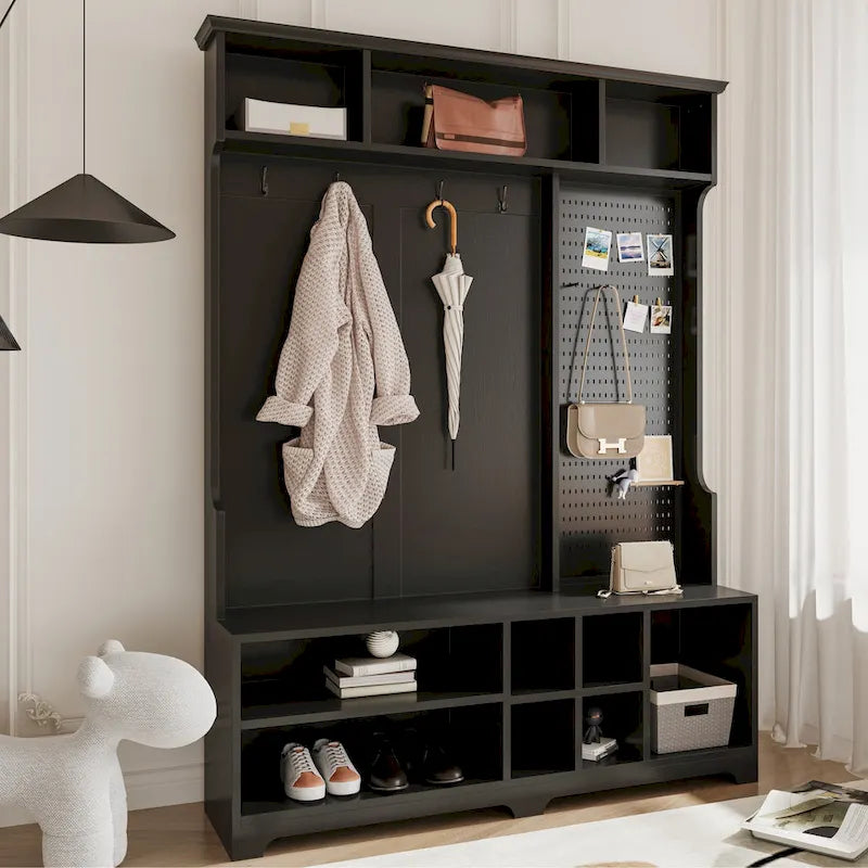 5-in-1 Entryway Hall Tree with Shoe Bench, Coat Rack, Shelves & Pegboard