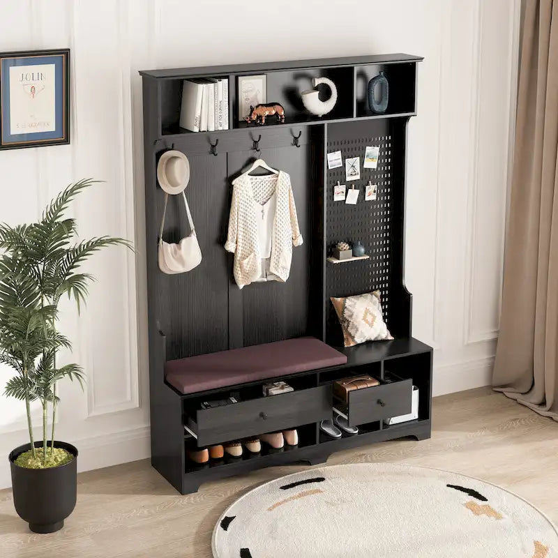 5-in-1 Entryway Hall Tree with Shoe Bench, Coat Rack, Shelves & Pegboard