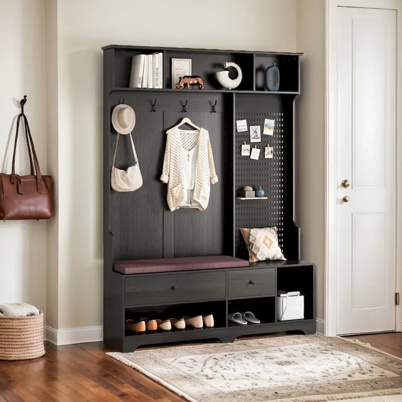 5-in-1 Entryway Hall Tree with Shoe Bench, Coat Rack, Shelves & Pegboard
