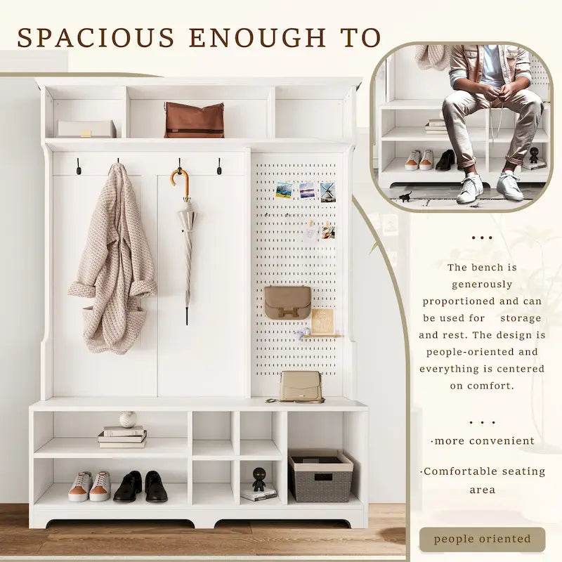 5-in-1 Entryway Hall Tree with Shoe Bench, Coat Rack, Shelves & Pegboard
