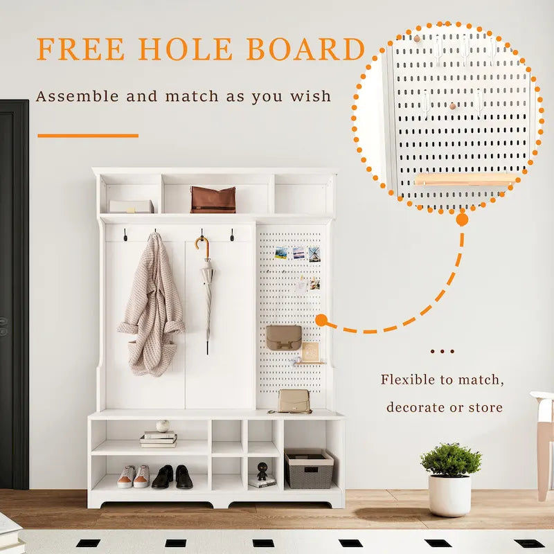 5-in-1 Entryway Hall Tree with Shoe Bench, Coat Rack, Shelves & Pegboard