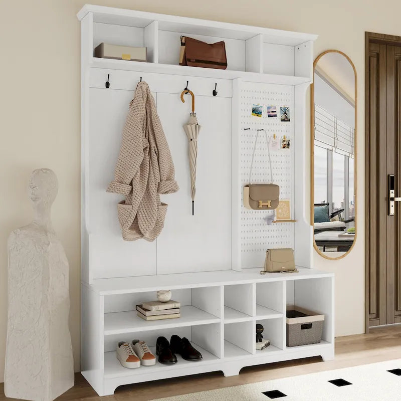 5-in-1 Entryway Hall Tree with Shoe Bench, Coat Rack, Shelves & Pegboard