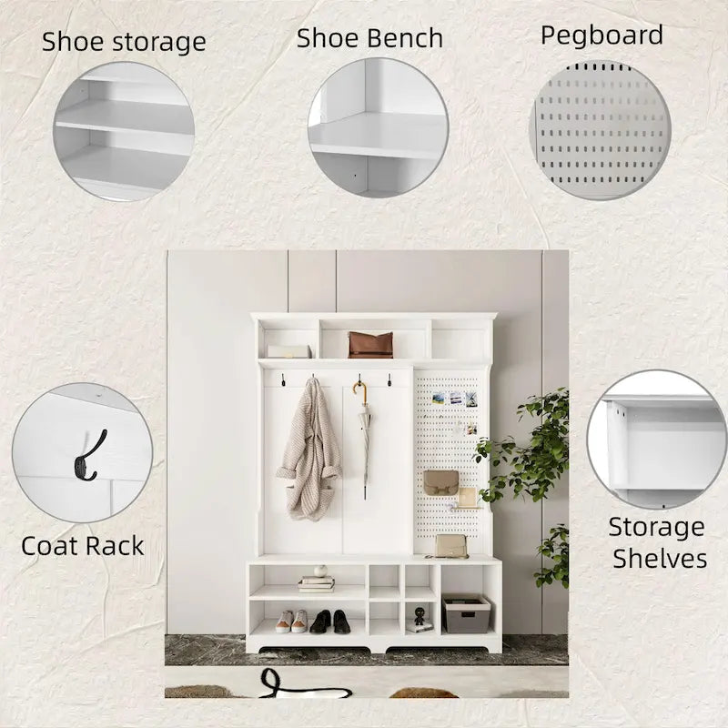 5-in-1 Entryway Hall Tree with Shoe Bench, Coat Rack, Shelves & Pegboard