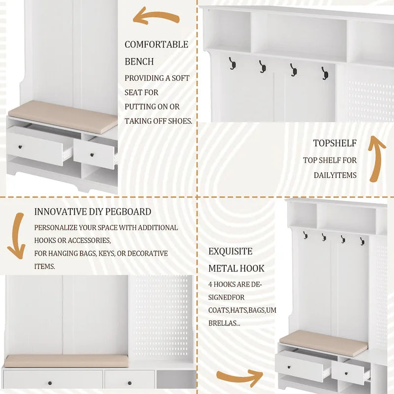 5-in-1 Entryway Hall Tree with Shoe Bench, Coat Rack, Shelves & Pegboard