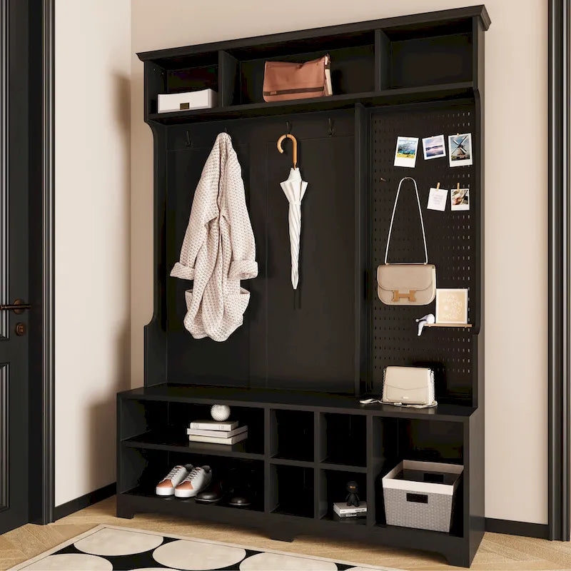 5-in-1 Entryway Hall Tree with Shoe Bench, Coat Rack, Shelves & Pegboard