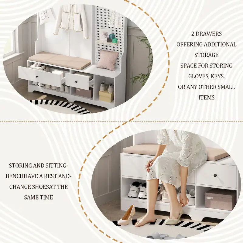 5-in-1 Entryway Hall Tree with Shoe Bench, Coat Rack, Shelves & Pegboard