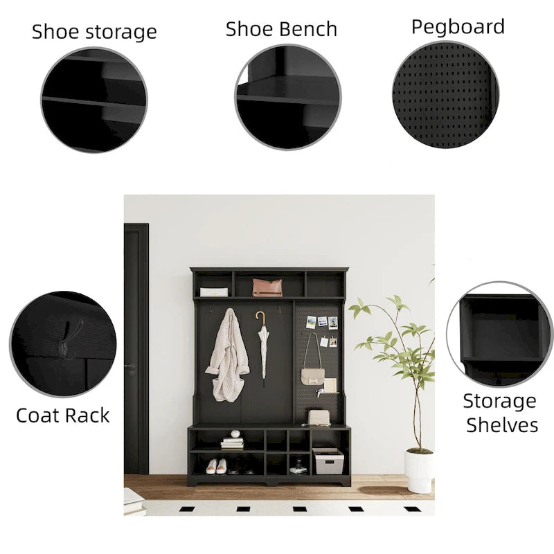 5-in-1 Entryway Hall Tree with Shoe Bench, Coat Rack, Shelves & Pegboard
