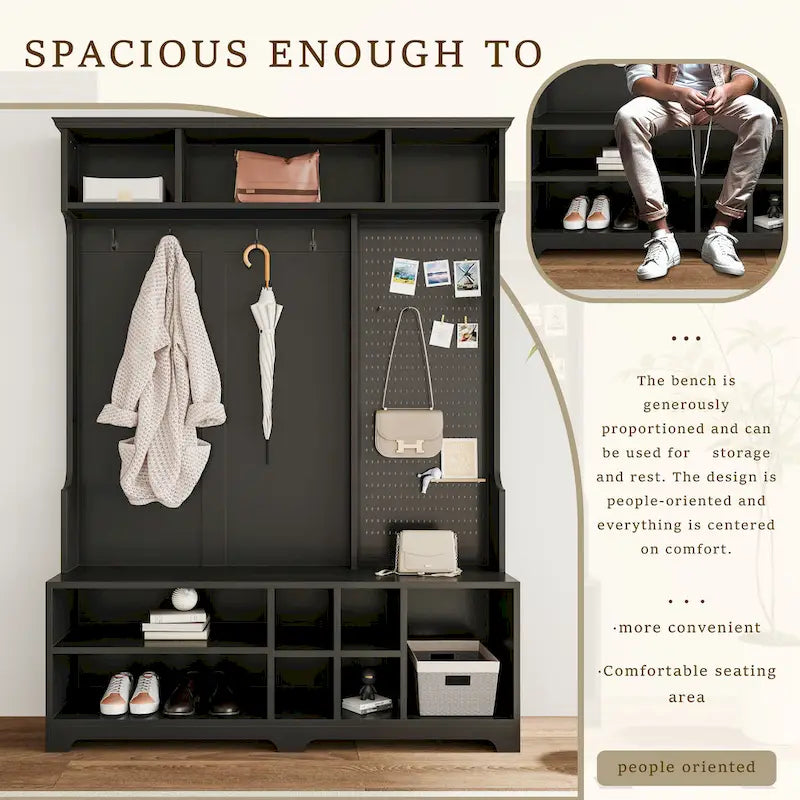 5-in-1 Entryway Hall Tree with Shoe Bench, Coat Rack, Shelves & Pegboard