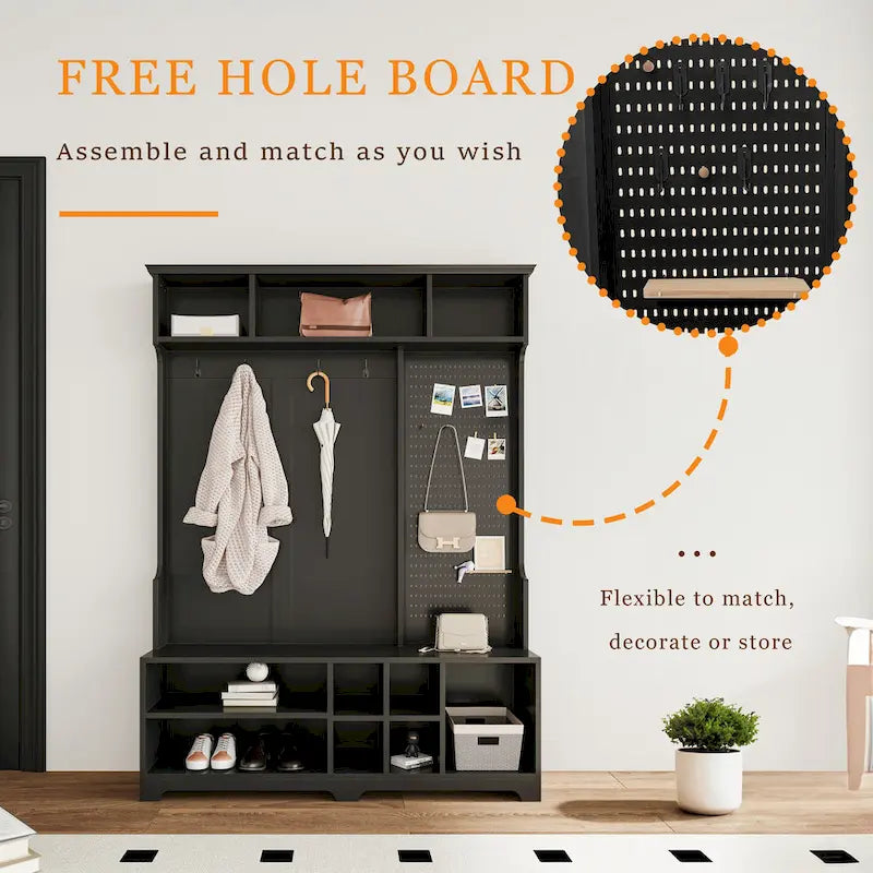 5-in-1 Entryway Hall Tree with Shoe Bench, Coat Rack, Shelves & Pegboard