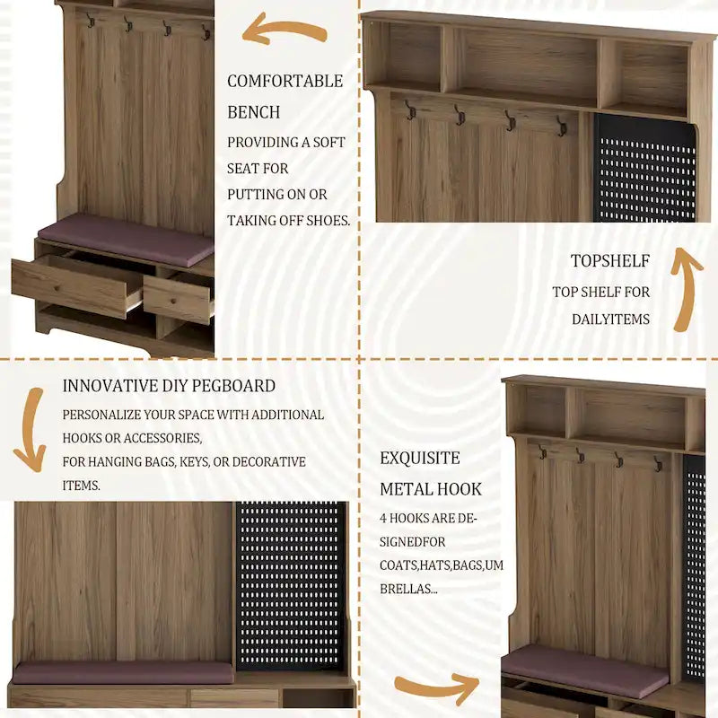 5-in-1 Entryway Hall Tree with Shoe Bench, Coat Rack, Shelves & Pegboard