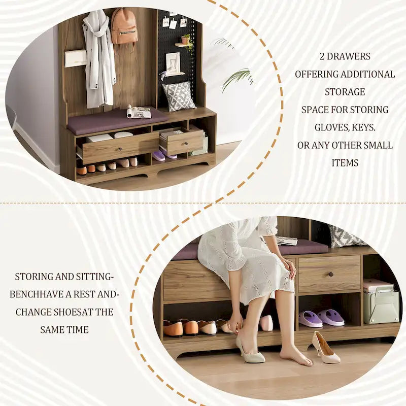 5-in-1 Entryway Hall Tree with Shoe Bench, Coat Rack, Shelves & Pegboard