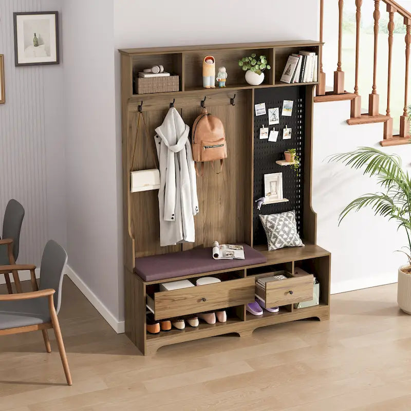 5-in-1 Entryway Hall Tree with Shoe Bench, Coat Rack, Shelves & Pegboard