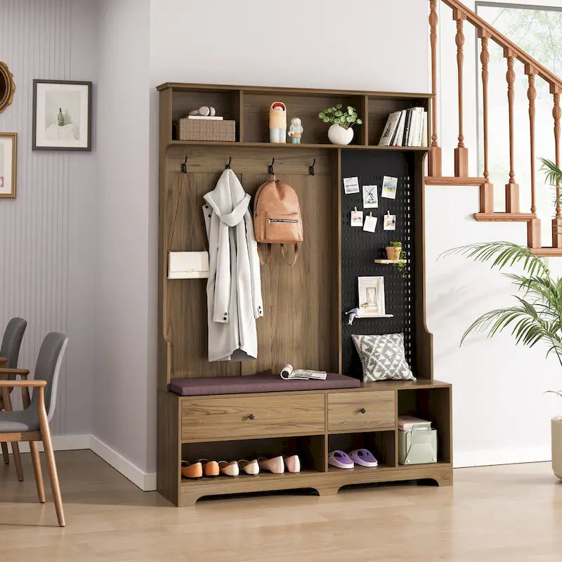 5-in-1 Entryway Hall Tree with Shoe Bench, Coat Rack, Shelves & Pegboard