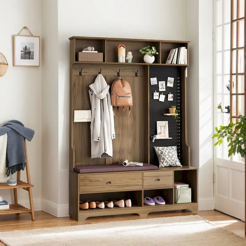 5-in-1 Entryway Hall Tree with Shoe Bench, Coat Rack, Shelves & Pegboard