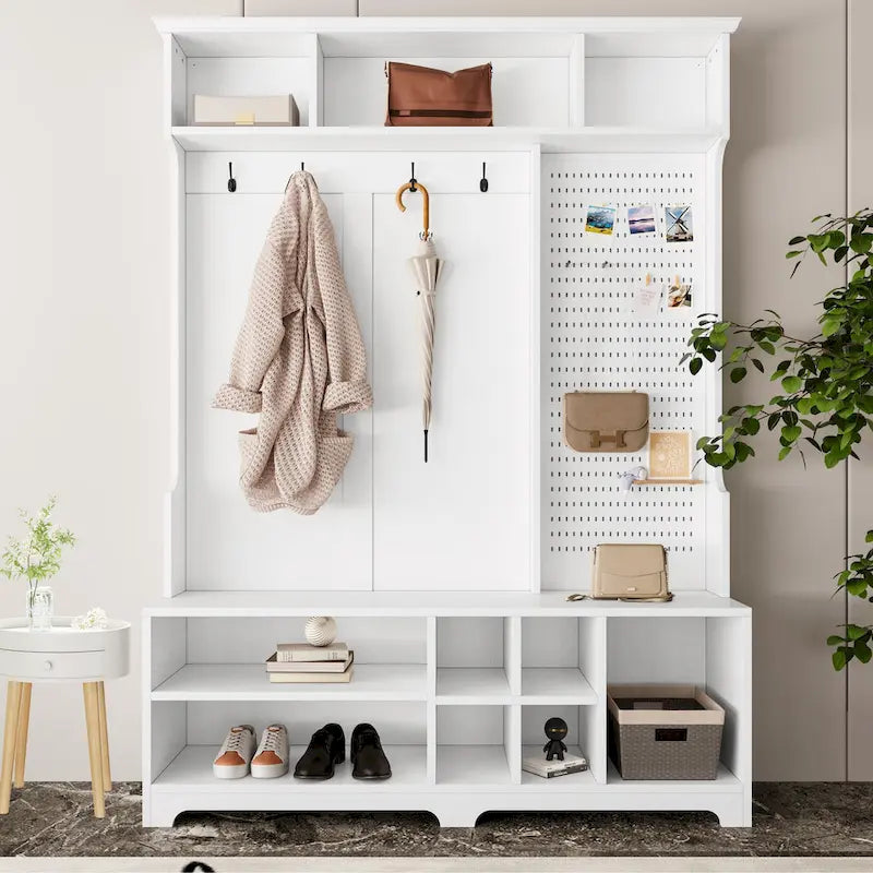 5-in-1 Entryway Hall Tree with Shoe Bench, Coat Rack, Shelves & Pegboard
