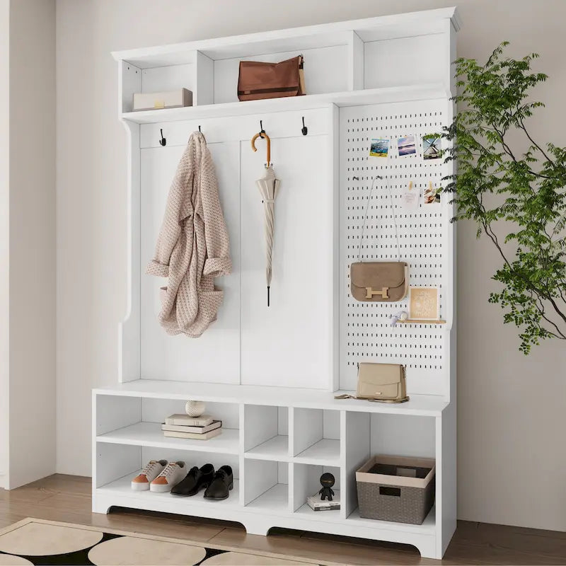 5-in-1 Entryway Hall Tree with Shoe Bench, Coat Rack, Shelves & Pegboard